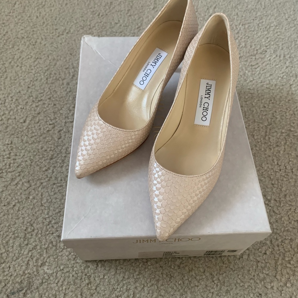 Jimmy Choo Nude Aza Pearlised Printed Leather Pointy Toe Heels